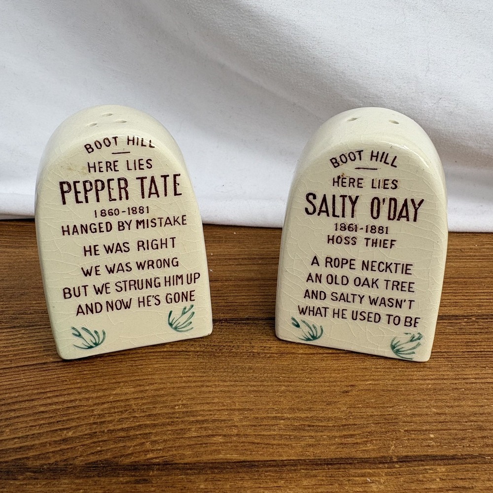 Vintage Tombstones Boot Hill Salty O' Day/Pepper Tate Salt & Pepper Shakers